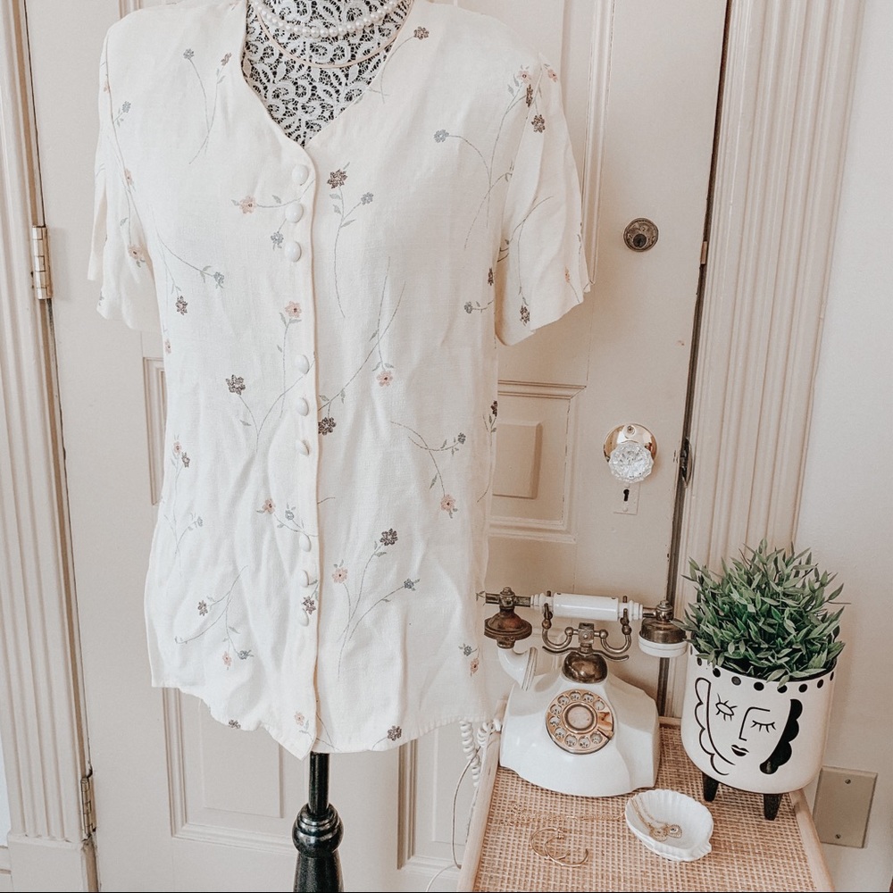 Vintage Yellow Floral Short Sleeve Blouse SZ LP